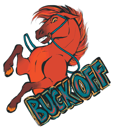 Sticker design of a rearing red horse with a teal bridle the words BUCK OFF written beneath.