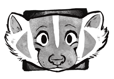 A black and white drawing of an American badger's head smiling at the viewer. There is a gray square behind the badger's head.